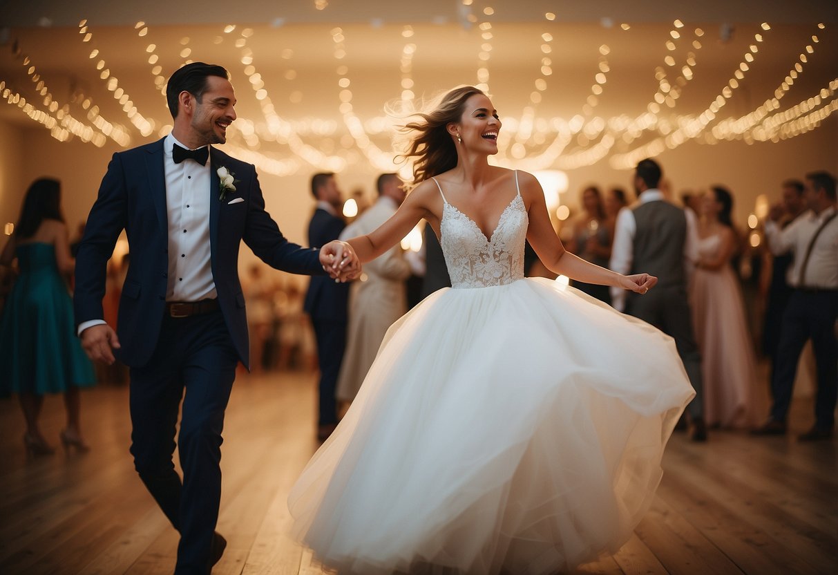 Newlyweds dance joyfully to their song in a softly lit room