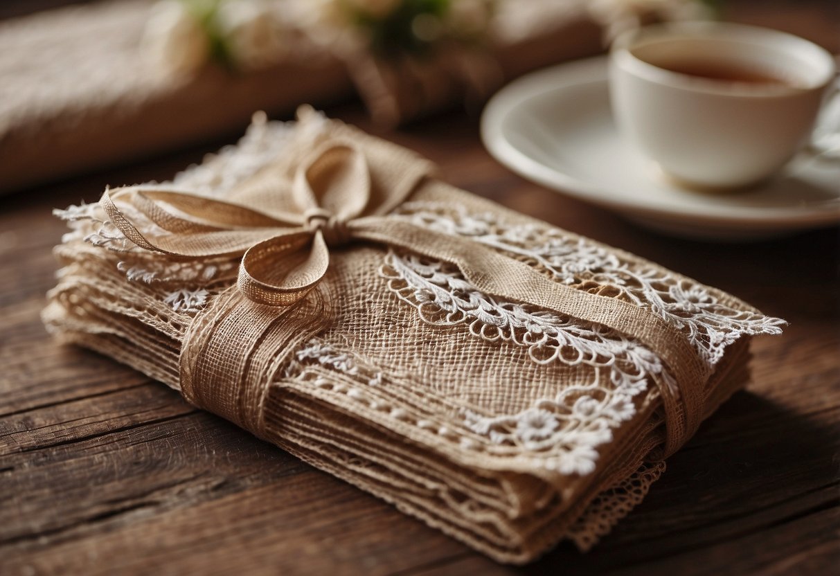 A stack of rustic burlap and lace wedding invitations arranged on a wooden table with soft natural lighting