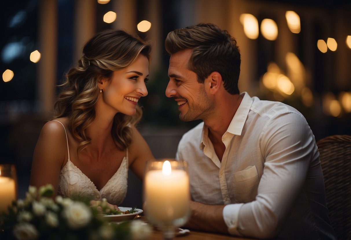 Newlyweds share a candlelit dinner, smiling and gazing into each other's eyes, surrounded by romantic ambiance