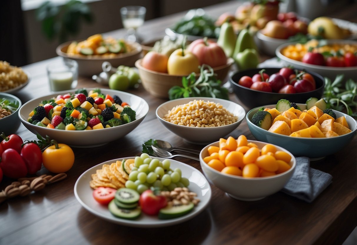 A table set with a colorful array of healthy foods for a day-of wedding meal plan