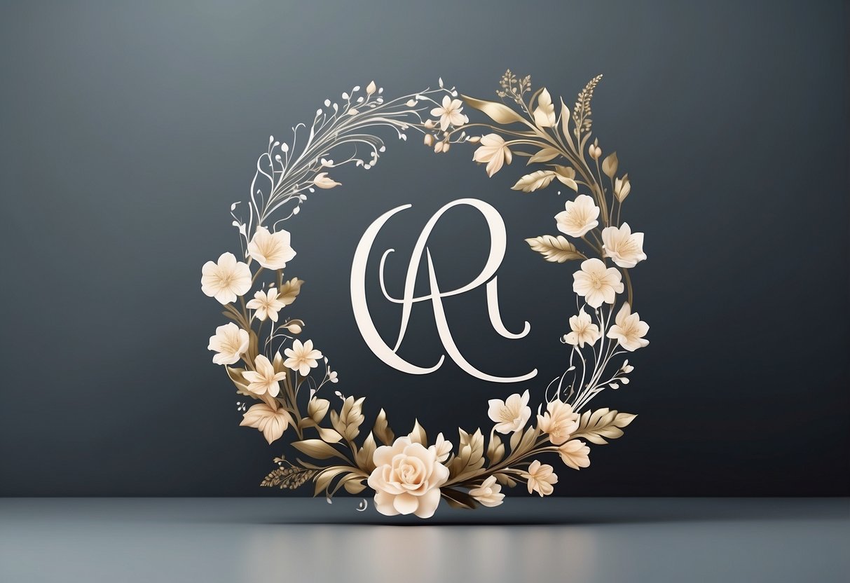 Two elegant intertwined letters forming a minimalist monogram, surrounded by delicate floral elements, on a clean and modern invitation card