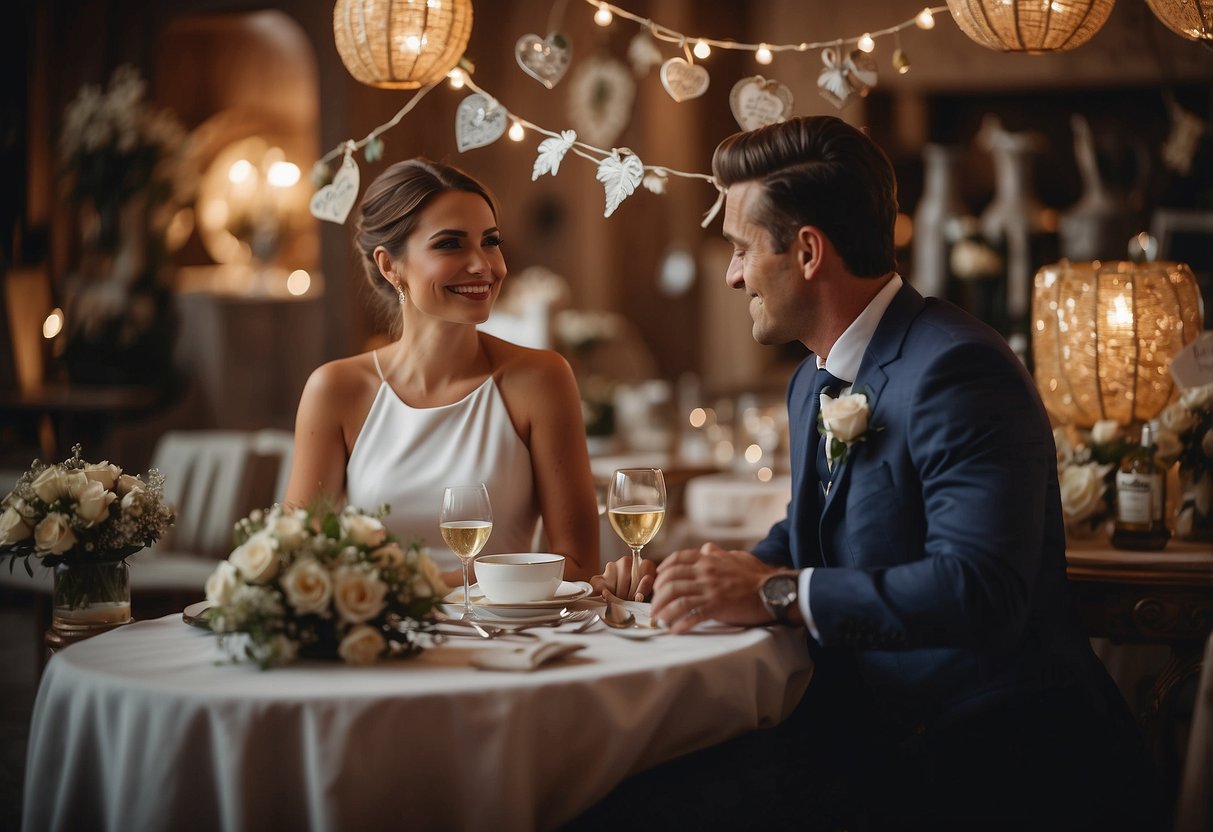 Newlyweds sit at a table covered in wedding memorabilia, discussing their dreams and goals for the future