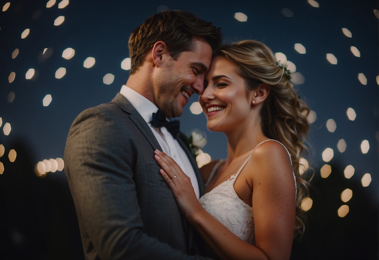 Newlyweds embrace under starry sky, sharing intimate conversation and laughter, creating emotional connection on their wedding night