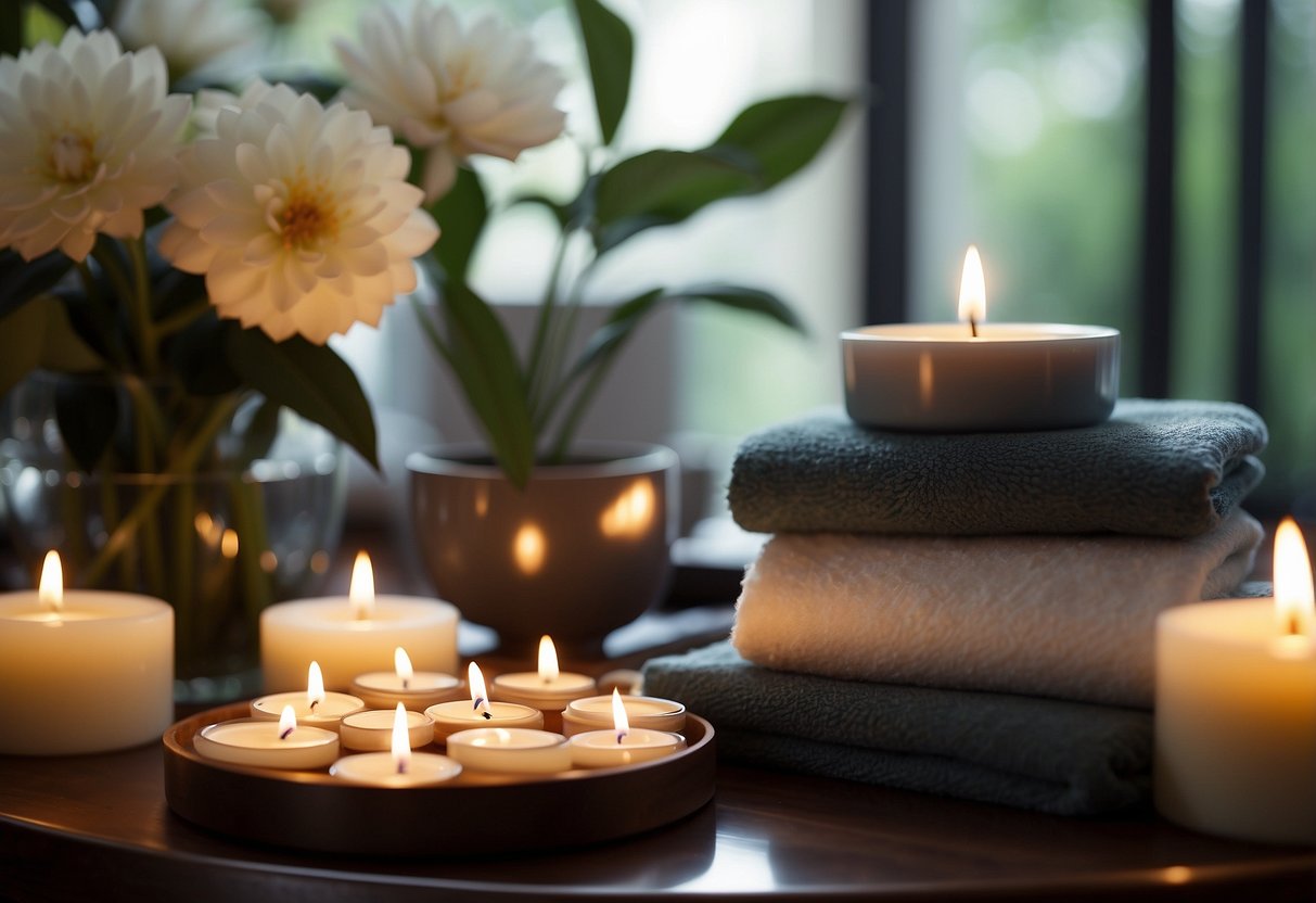 A serene spa setting with candles, flowers, and calming music. A person receiving a facial or massage, surrounded by luxurious skincare products