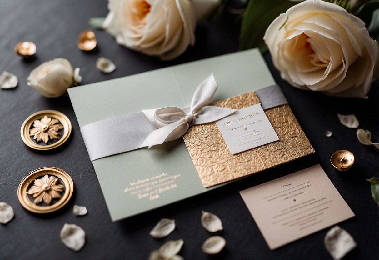 A pair of elegant foil-stamped wedding invitations lay on a textured surface, surrounded by delicate floral accents and a vintage wax seal