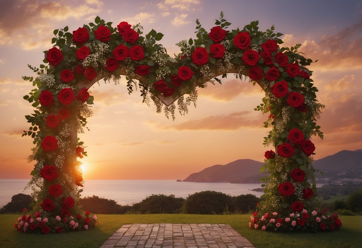 A heart-shaped arch adorned with red roses and twinkling lights, set against a romantic sunset backdrop