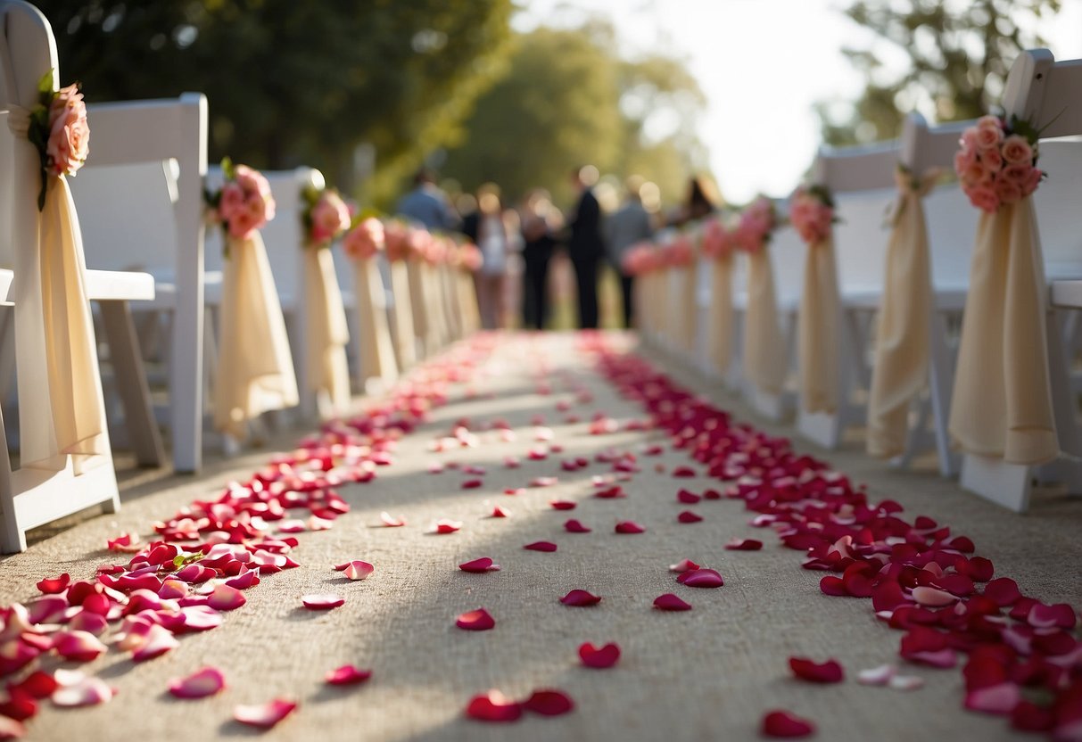 Rose petals line the aisle, creating a romantic path for a Valentine's Day wedding. The delicate petals form a beautiful and fragrant runner for the bride to walk down