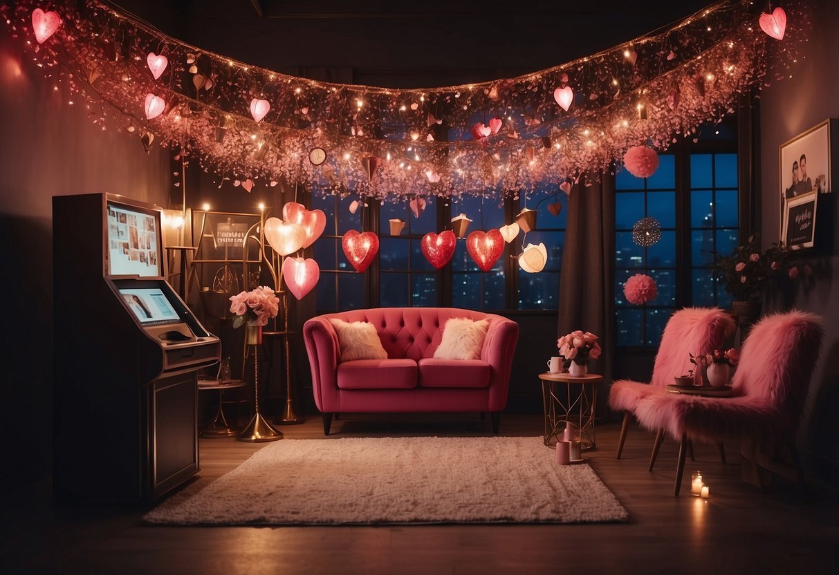 A heart-shaped photo booth with red and pink decor, surrounded by twinkling fairy lights and adorned with romantic props like roses, cupid arrows, and love letters