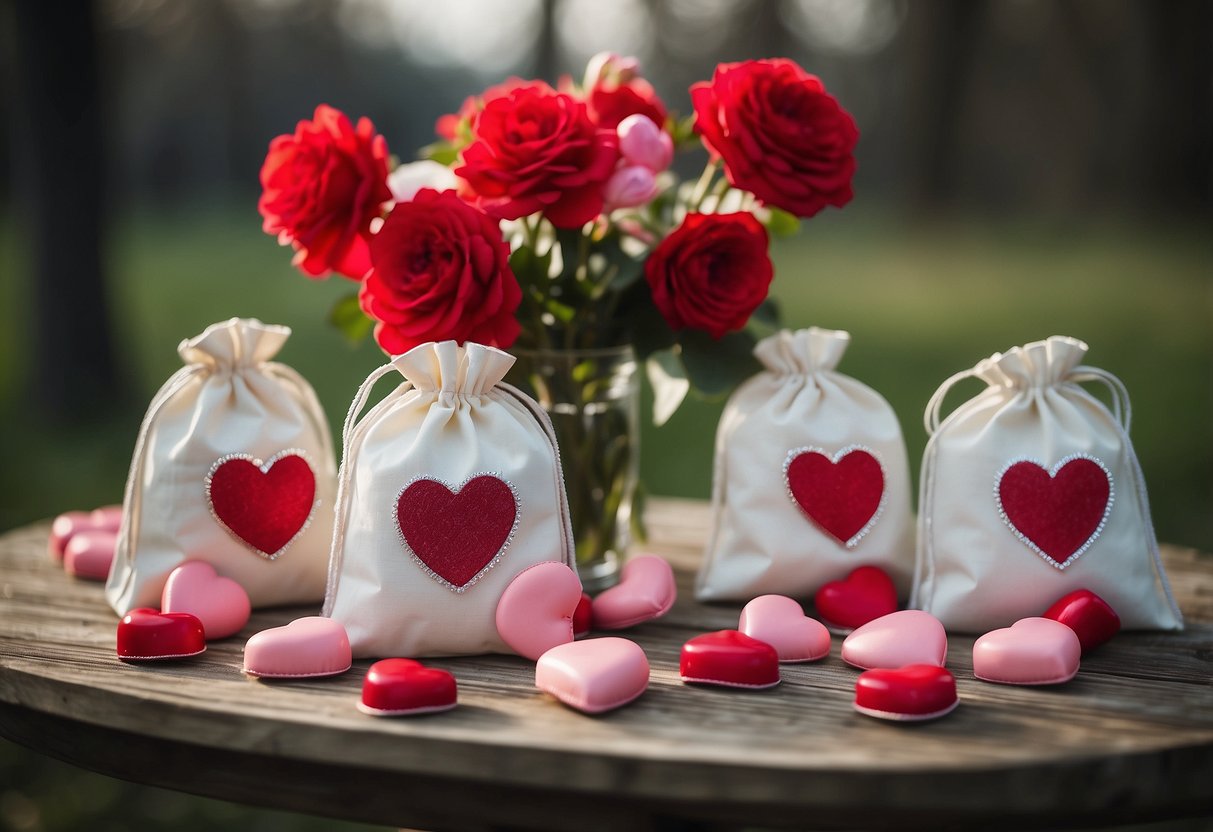 A table with Valentine's Day favor bags, heart-shaped decorations, and romantic wedding ideas