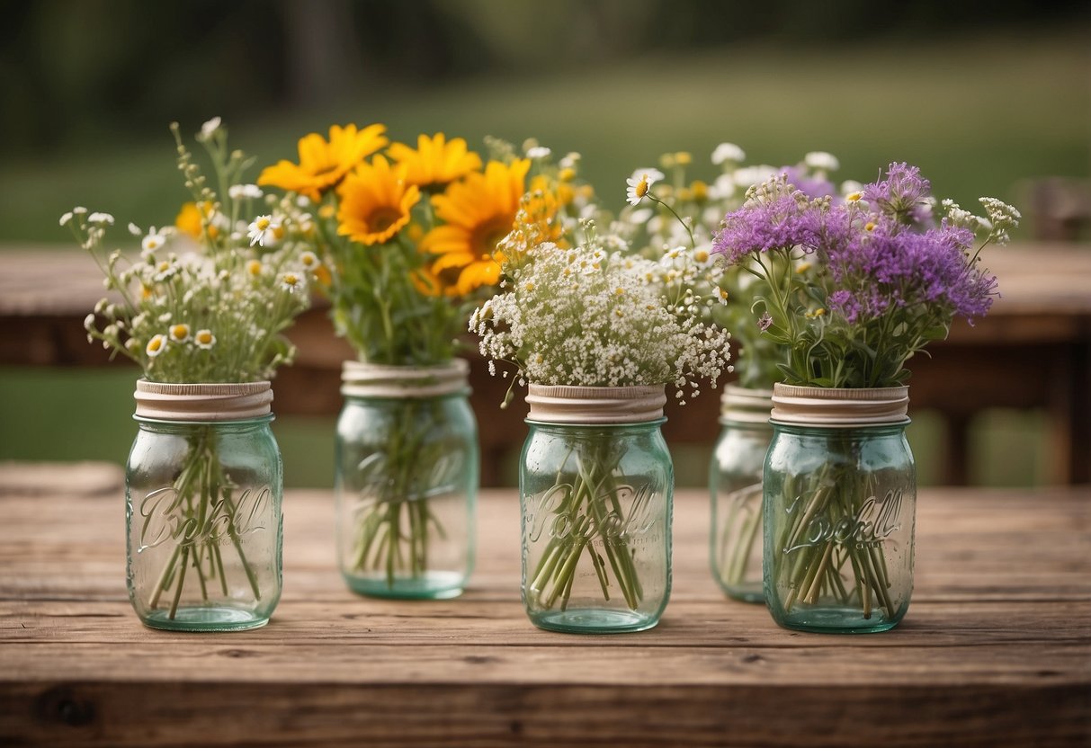 A wooden table adorned with mason jar vases, wildflowers, and candles. A burlap table runner adds a rustic touch