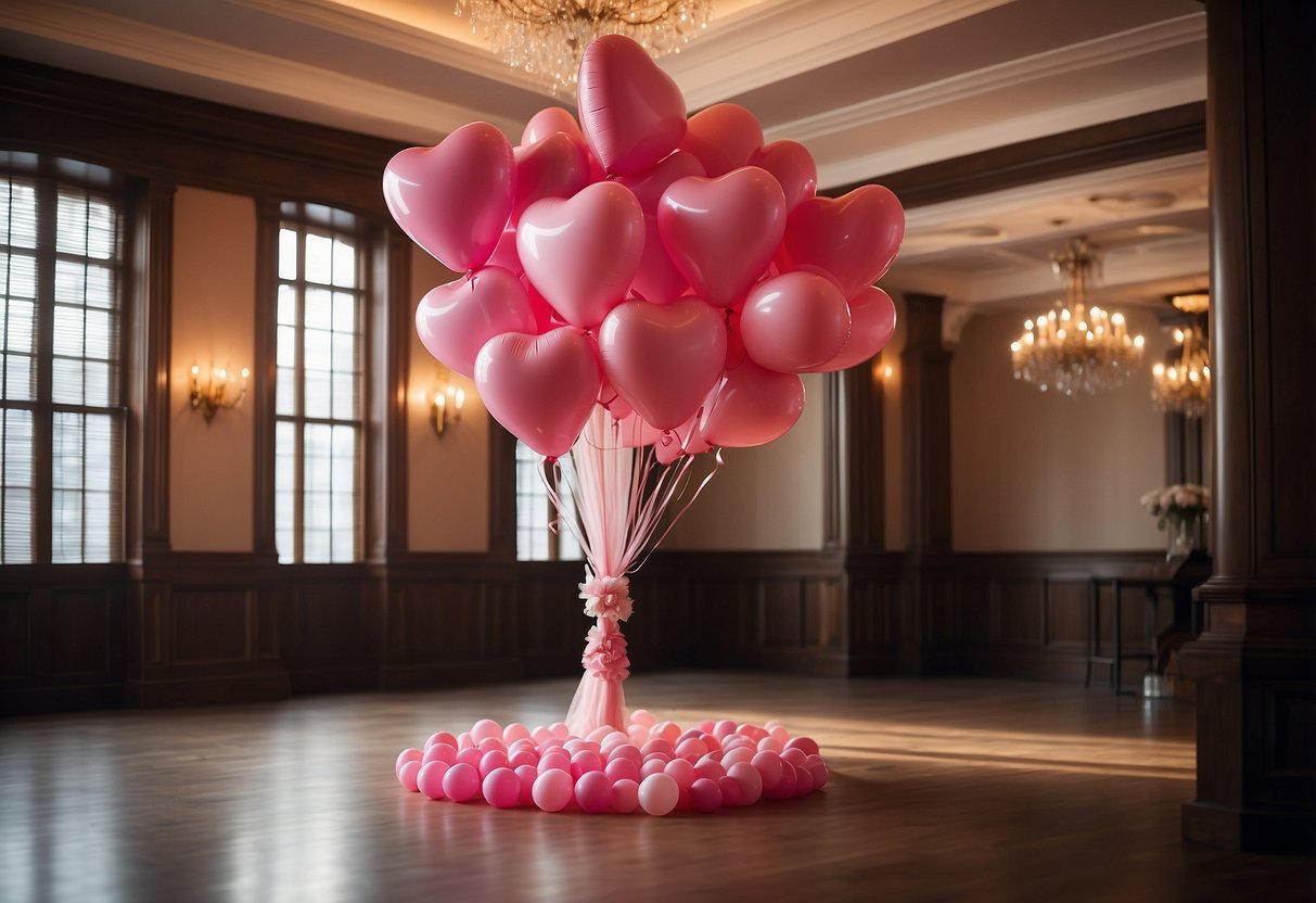 Pink and red heart-shaped balloons fill the room, creating a romantic atmosphere for a Valentine's Day wedding celebration