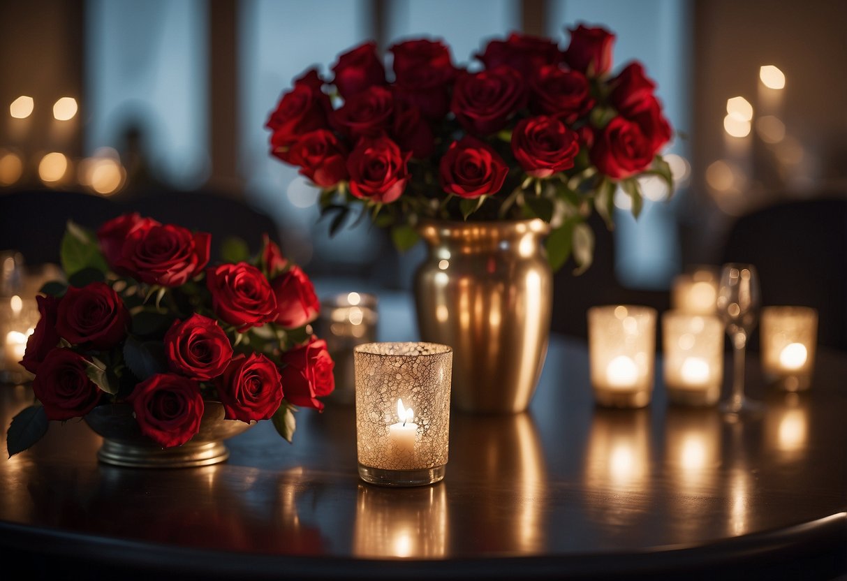 A heart-shaped table adorned with red roses and flickering candles, while a love-song playlist fills the air at a Valentine's Day wedding reception