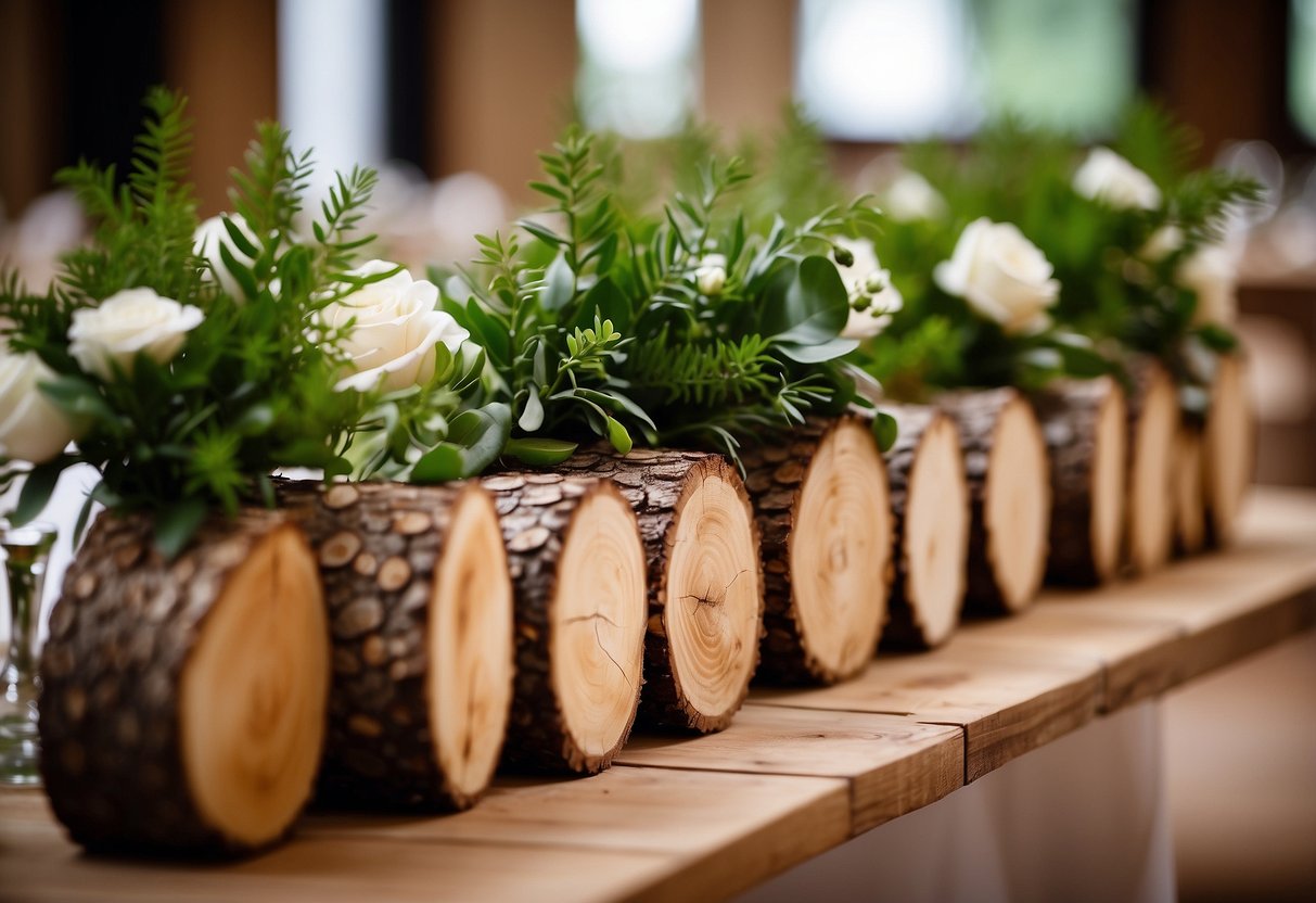 Wooden log slices topped with fresh greenery arranged as rustic wedding centerpieces