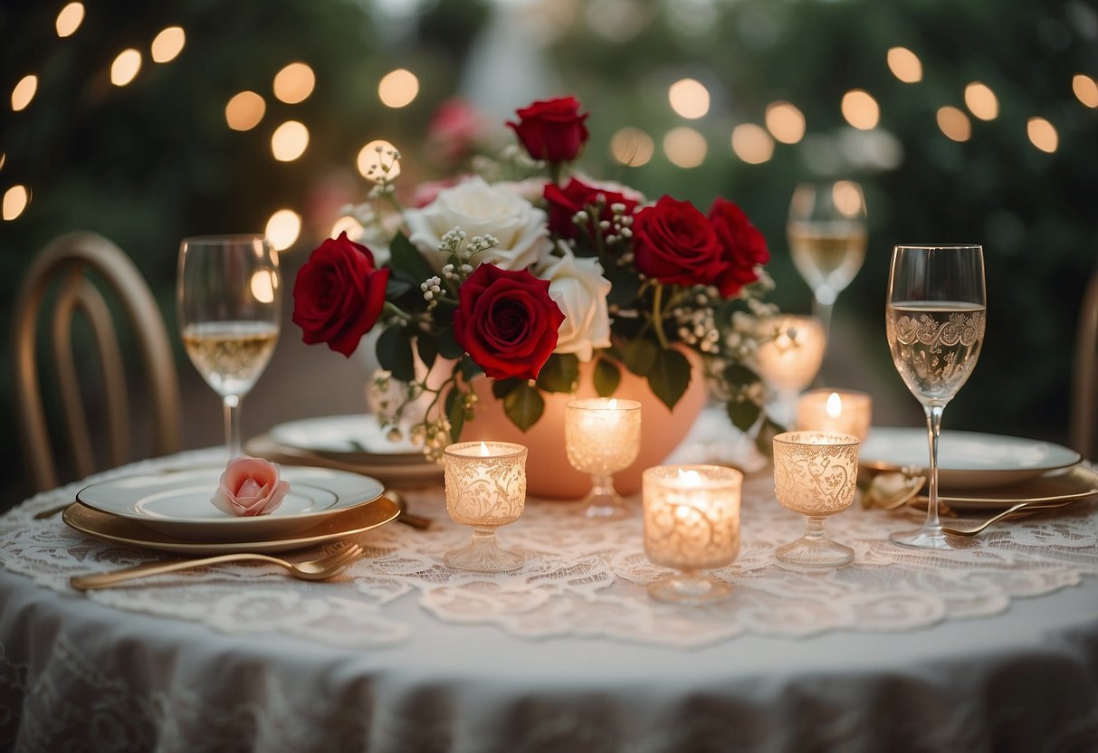 A romantic garden setting with red roses, twinkling fairy lights, and heart-shaped decorations. A vintage-inspired sweetheart table with lace linens and delicate china. A soft color palette of blush, ivory, and gold