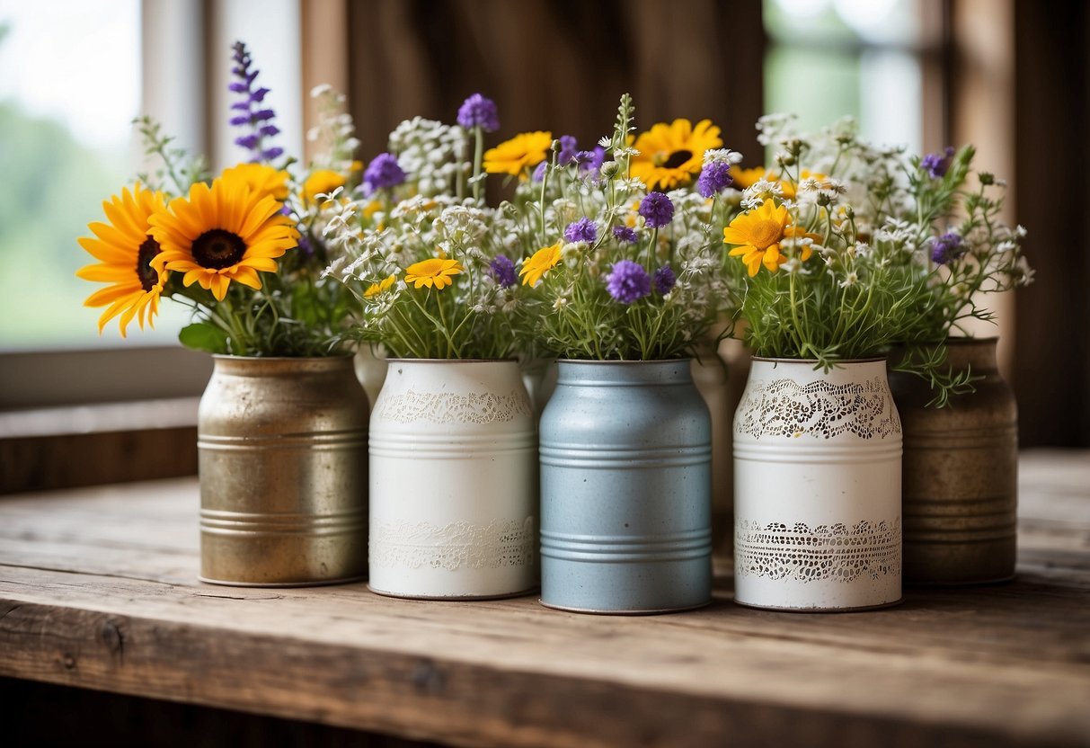 Antique milk cans filled with vibrant wildflowers, set on a wooden table adorned with lace and burlap, creating a rustic wedding centerpiece