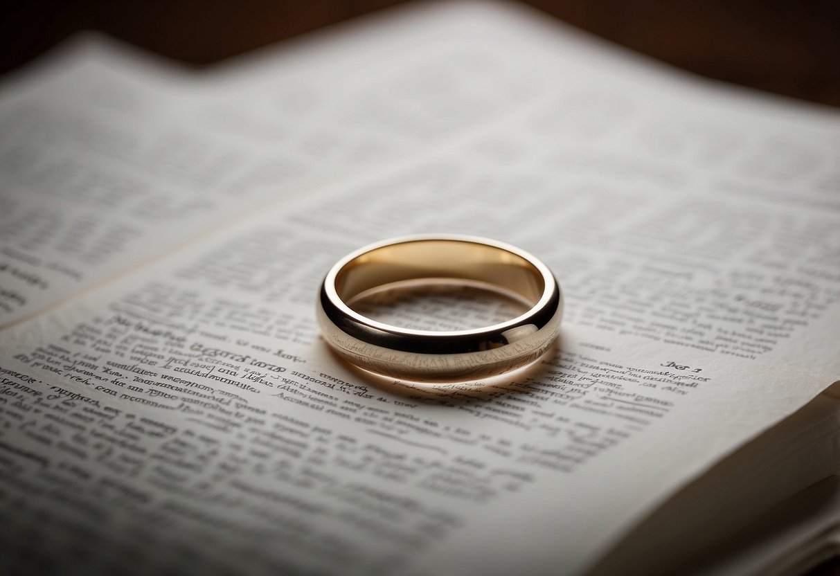 A ring sits on a table, surrounded by legal documents. One side shows emotional attachment, the other shows legal ownership