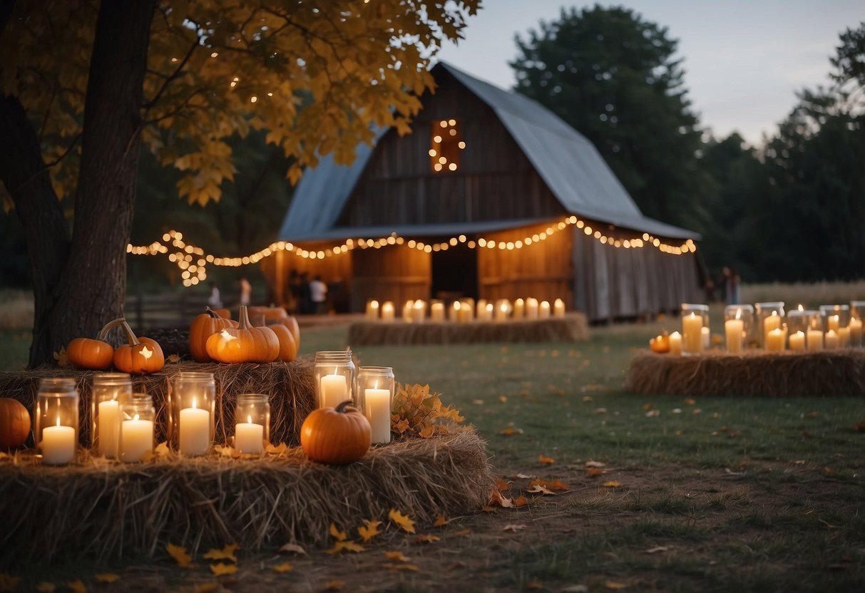 A rustic outdoor wedding with golden leaves, pumpkins, and warm candlelight. A cozy barn with hay bales and fairy lights