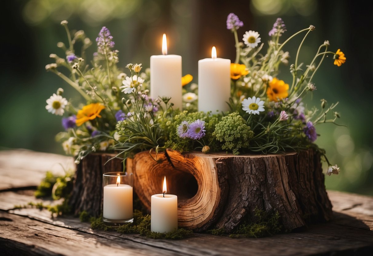 A hollowed tree stump vase sits amidst wildflowers, moss, and candles, creating a rustic wedding centerpiece