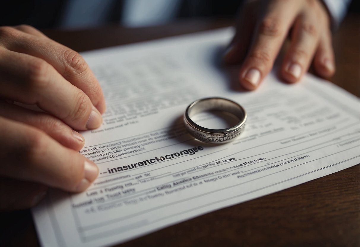 Two people pointing at a ring on a table, while a document labeled "Insurance Coverage" sits between them