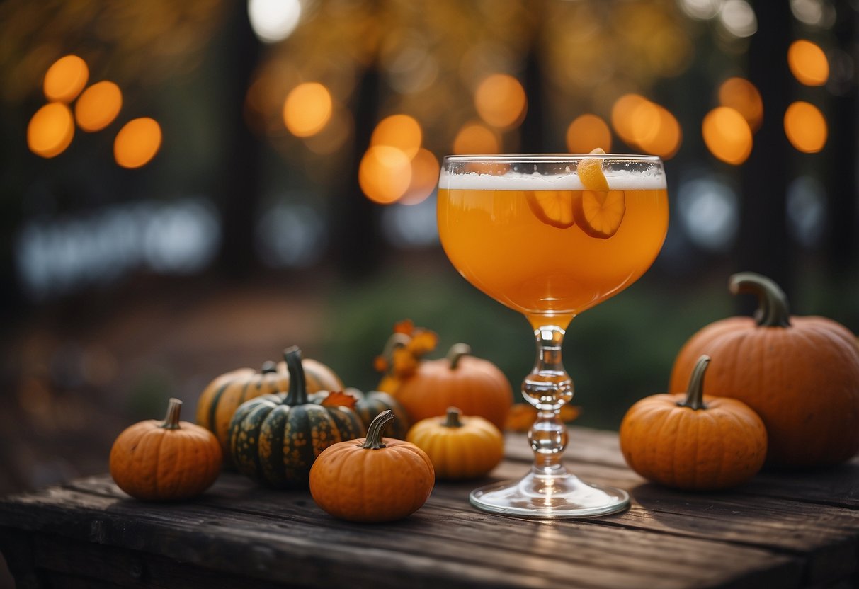 A cozy autumn wedding scene with pumpkin-spice cocktails on a rustic wooden bar, surrounded by warm candlelight and fall foliage