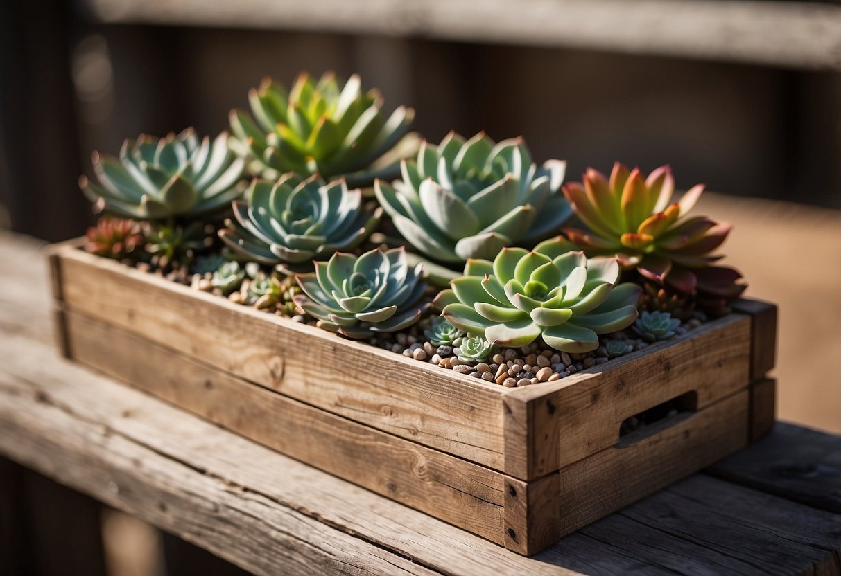 Rustic barn wood boxes hold succulents, arranged as wedding centerpieces