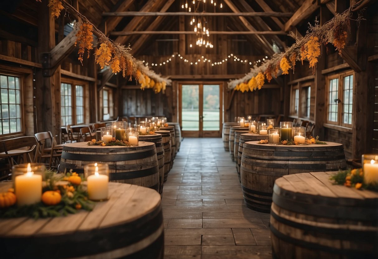 A charming rustic barn with autumn foliage, vintage lanterns, and wooden barrels. A cozy setting for a wedding ceremony or reception