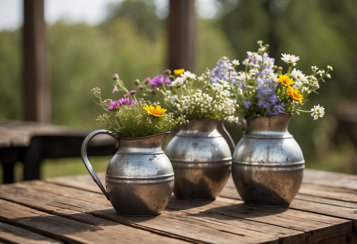 Rustic metal pitchers arranged on a distressed wooden table with wildflowers for a wedding centerpiece