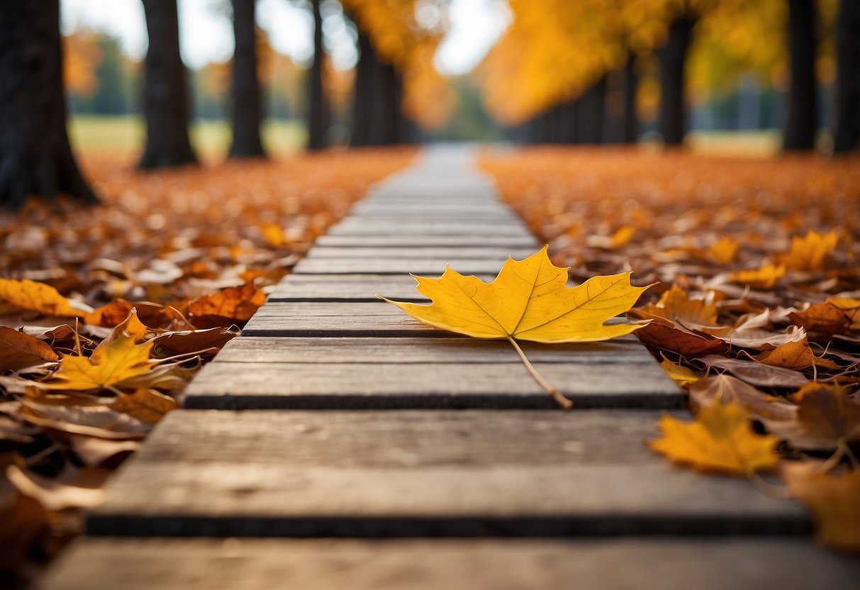 A rustic wooden aisle with a maple leaf aisle runner, surrounded by autumn foliage and warm candlelight