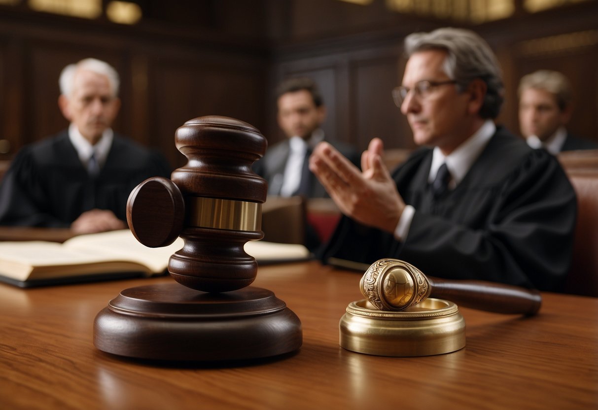 A courtroom with a judge sitting at the bench, two lawyers presenting arguments, and a ring placed on the table as evidence