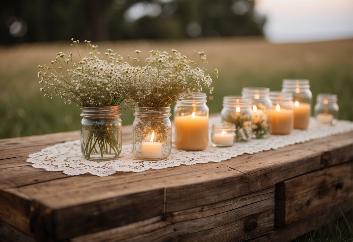 A wooden slab adorned with wildflowers, candles, and mason jars, set against a backdrop of burlap and lace