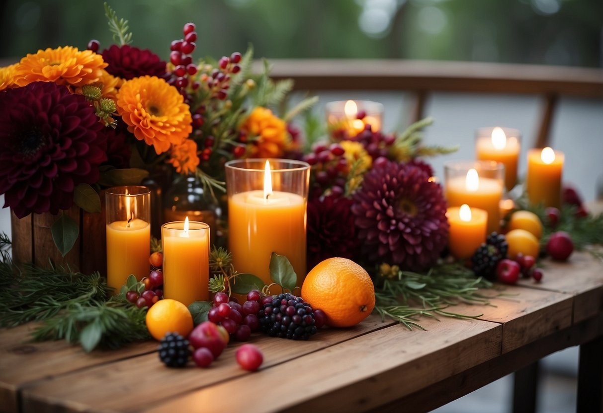 A rustic wooden table adorned with rich, warm-hued floral arrangements in shades of burgundy, orange, and gold, accented with seasonal foliage and berries