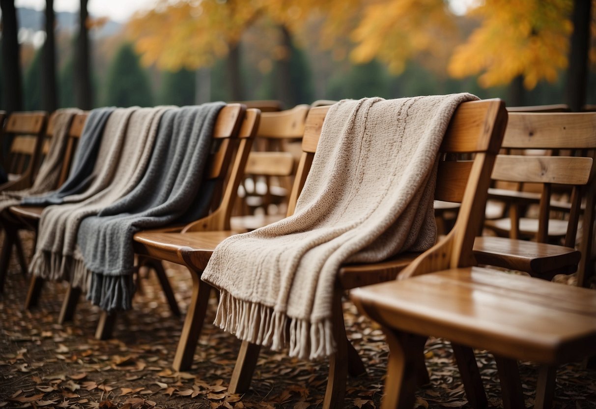 Cozy blankets in earthy tones draped over wooden chairs in a rustic autumn wedding setting