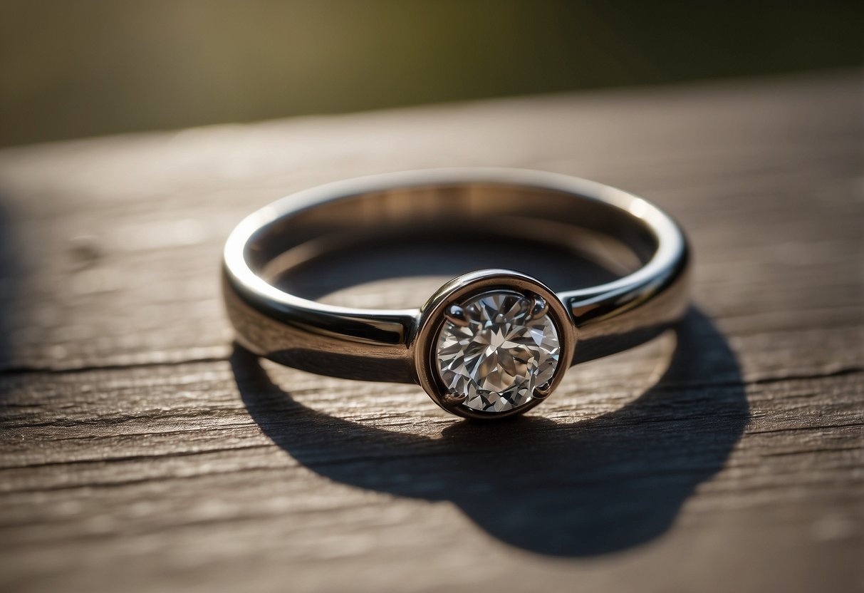 A solitary ring lies on a table, casting a shadow. A sense of longing and loss fills the air, as the ring sits abandoned, waiting for its next owner