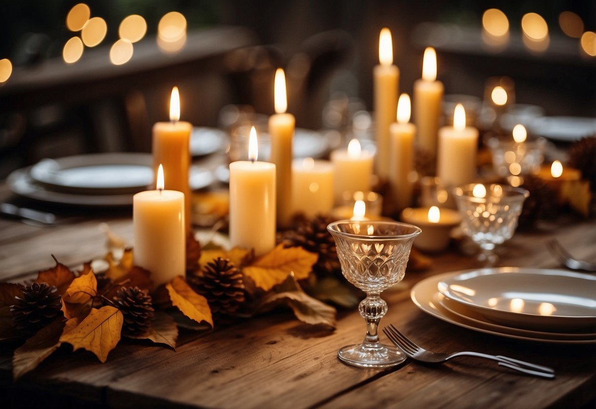 A rustic wooden table adorned with flickering candles, surrounded by autumn leaves and elegant place settings, creating a warm and intimate atmosphere for a wedding reception