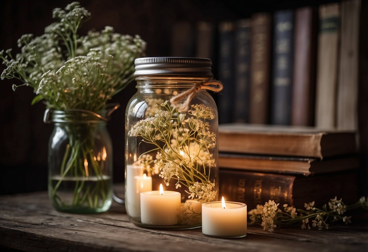 A mason jar filled with wildflowers sits on a wooden slab, surrounded by vintage books and flickering candles. Twine and lace accents add a touch of rustic charm