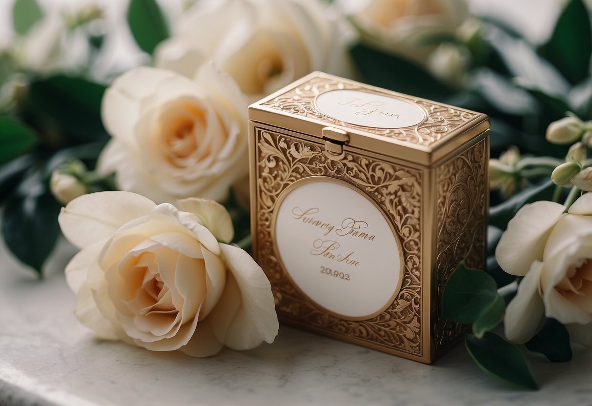 A custom wedding ring box with the couple's names engraved on it, surrounded by delicate flowers and elegant calligraphy