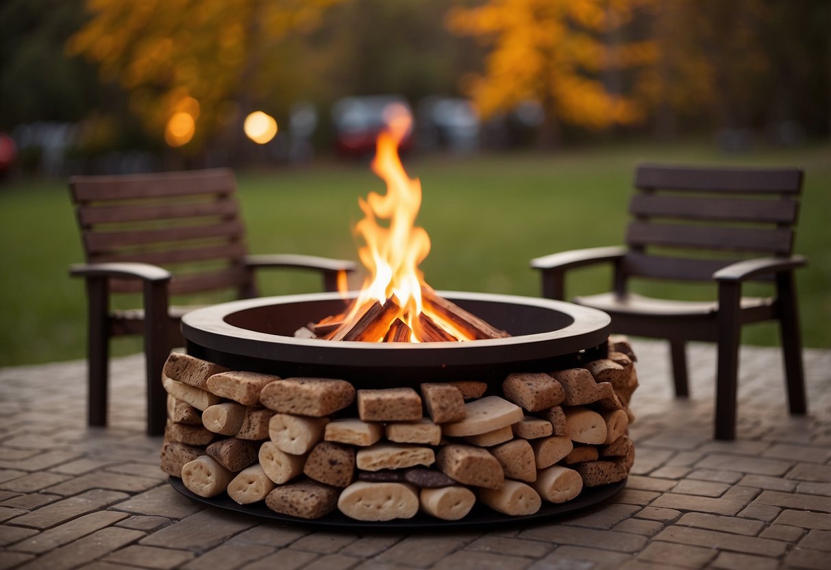 A cozy fire pit surrounded by rustic wooden benches, with a table set up as a s'mores station. The warm glow of the flames illuminates the autumn evening