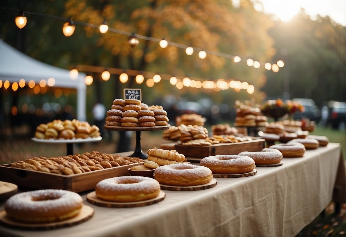 An outdoor wedding reception with a rustic apple cider donut bar, surrounded by autumn foliage and warm string lights