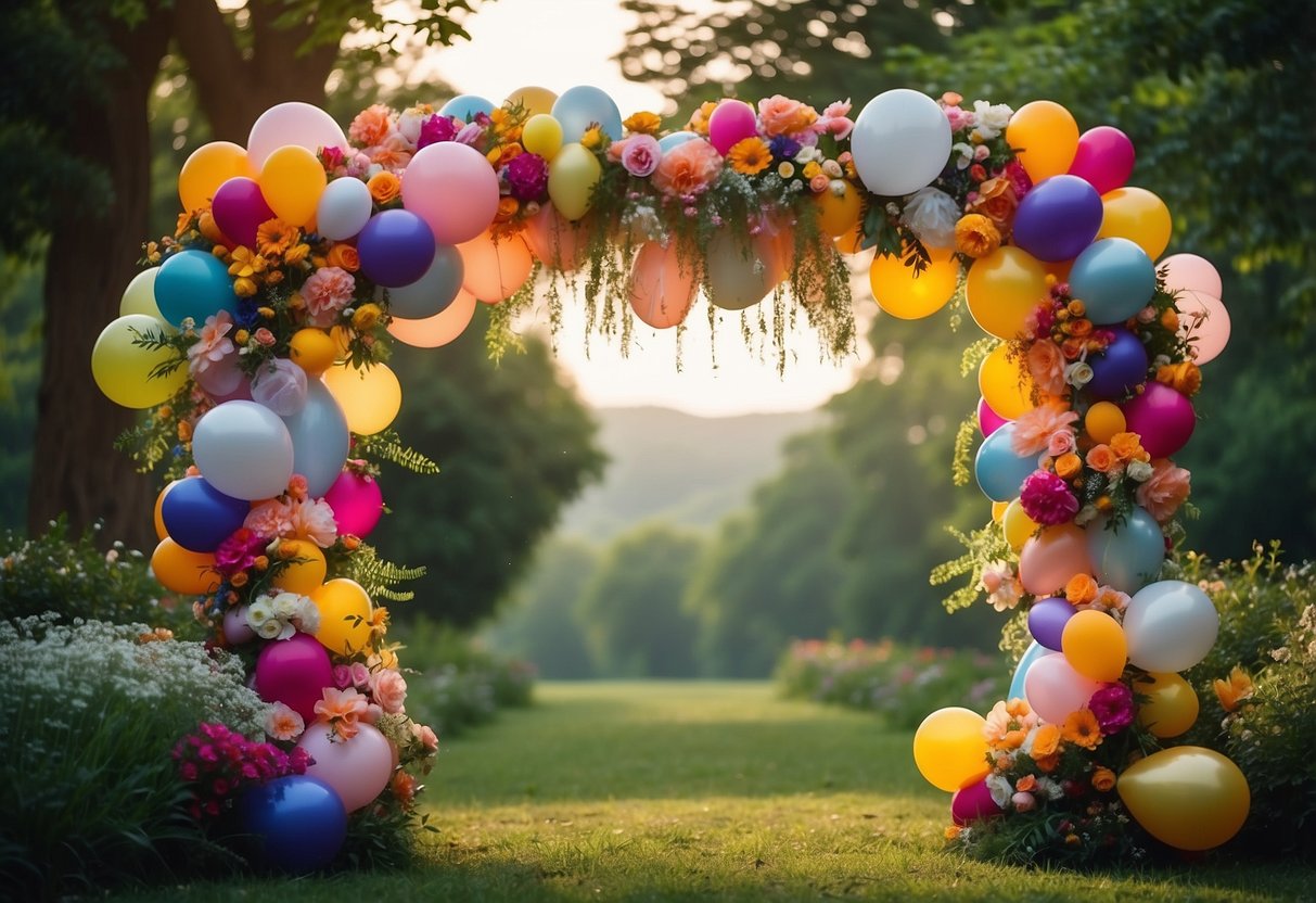 Colorful balloons arranged in arches and clusters, with ribbons and flowers attached. A backdrop of greenery and fairy lights creates a romantic atmosphere