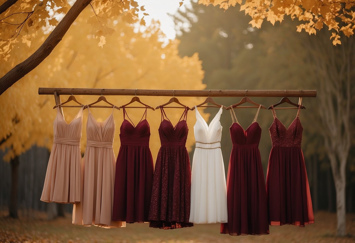 A group of burgundy bridesmaid dresses hang on a rustic wooden rack, set against a backdrop of autumn leaves and golden sunlight