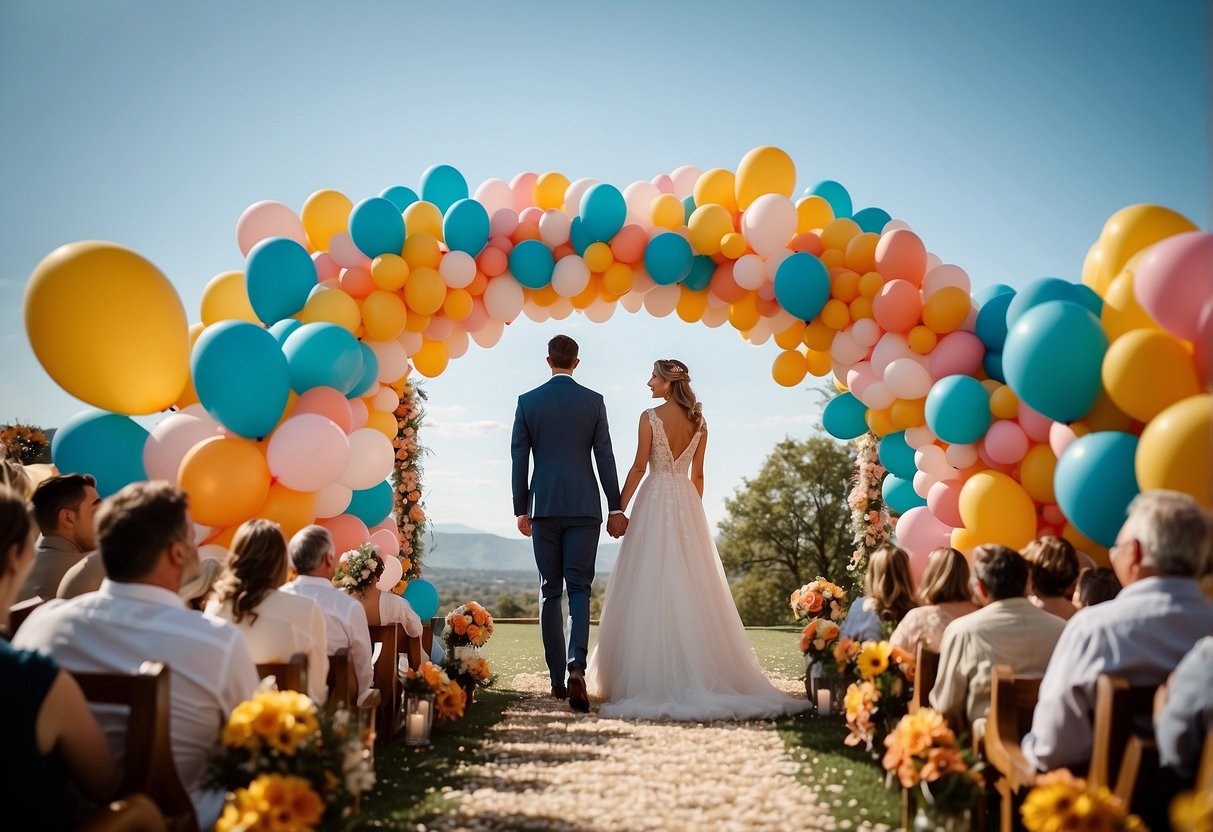 Giant Mr & Mrs Balloons float above a wedding ceremony, surrounded by smaller balloons and colorful decorations