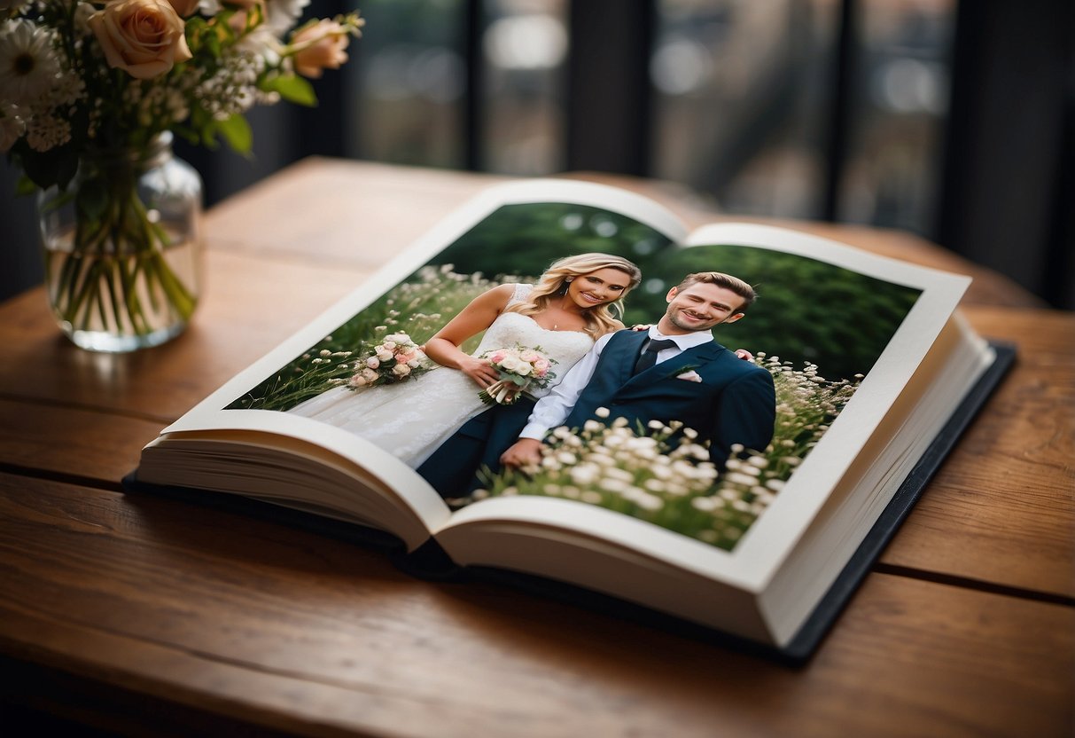 A photo album lies open, filled with personal messages and well-wishes, making it a perfect personalized wedding gift idea