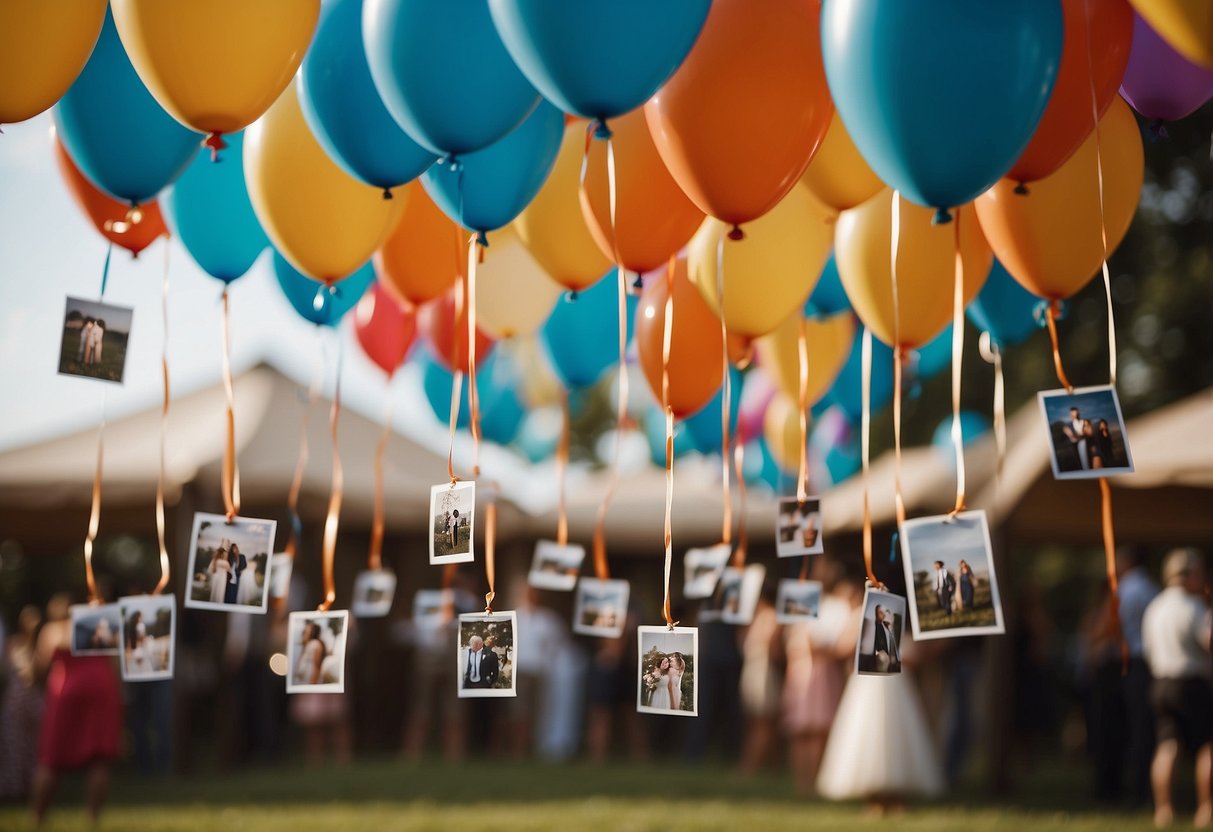 Colorful balloons with personalized photos tied to strings, floating in the air at a wedding celebration