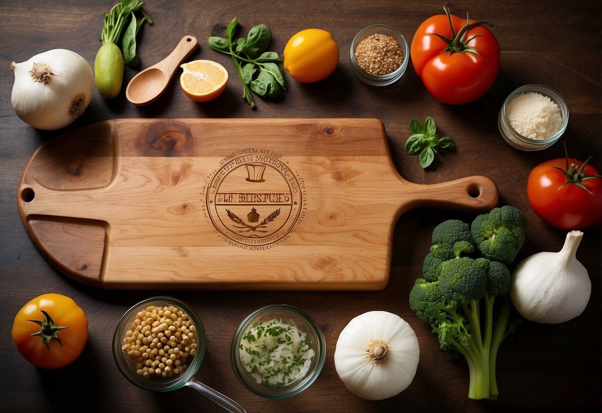 A wooden cutting board with custom recipe engravings, surrounded by kitchen utensils and fresh ingredients