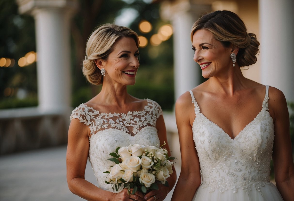 A mother of the bride should not wear a white gown, as it could overshadow the bride's dress