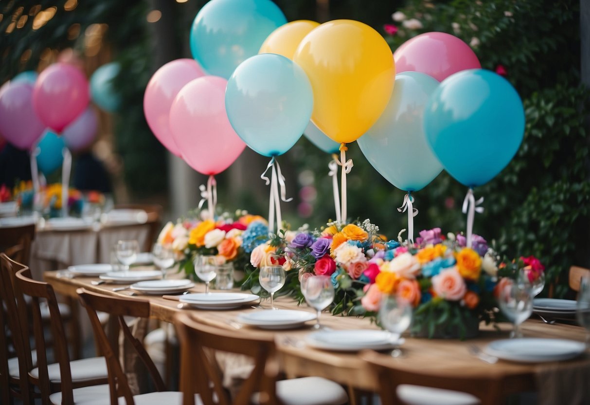 A table adorned with colorful floral balloon centerpieces, adding a whimsical touch to a wedding reception