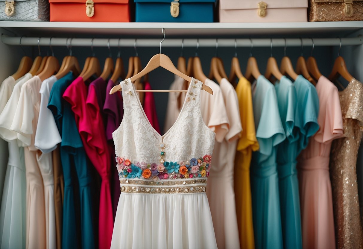 A white dress hanging in a closet, surrounded by other colorful options