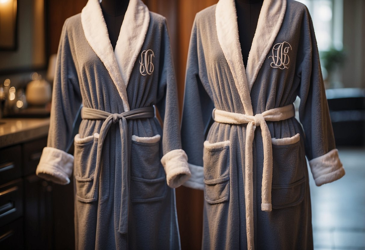 Two monogrammed bathrobes hang side by side, personalized with elegant initials, making a perfect wedding gift idea