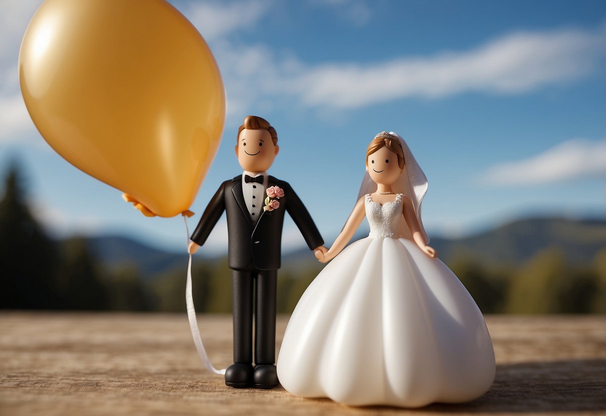 A bride and groom balloon standees stand side by side, adorned with elegant wedding attire. The balloons are filled with helium, floating gracefully in the air