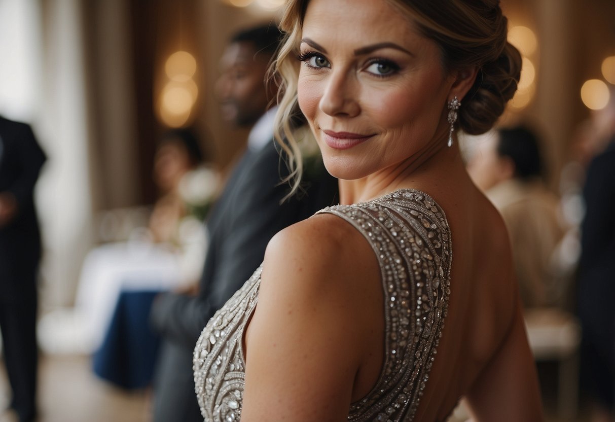 A mother of the bride should not wear anything too revealing, such as a low-cut or backless dress, to maintain a tasteful and elegant appearance